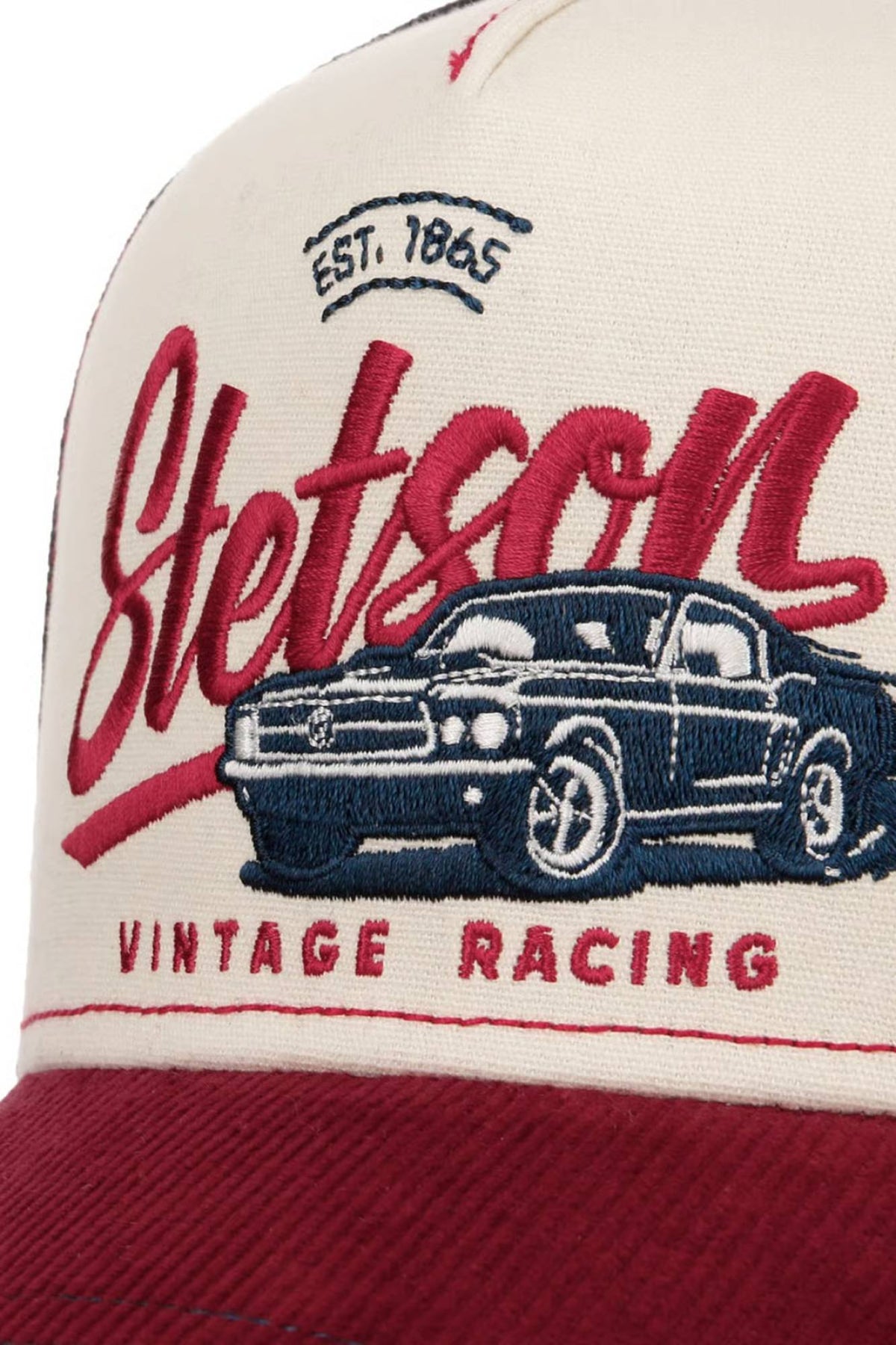 Blue, white and red trucker cap with embroidered retro racing illustration - Image n°3