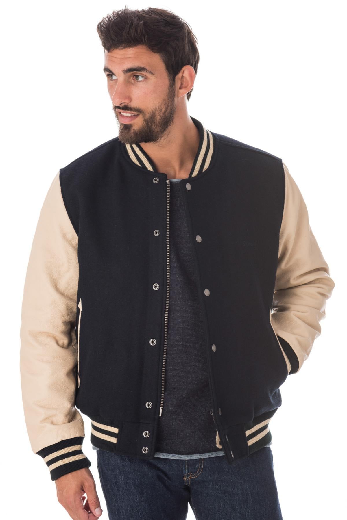 Schott's LC8705 blends navy wool and calfskin in a varsity jacket. - Image n°1