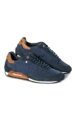 Cognac navy blue velvet look bi-material sneakers - Image n°1