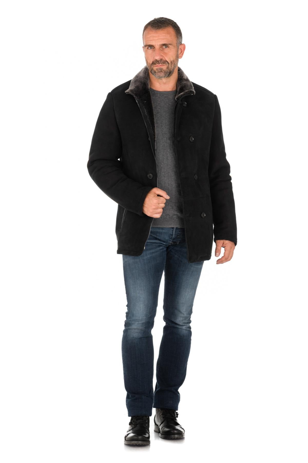 Black men's shearling peacoat - Image n°2