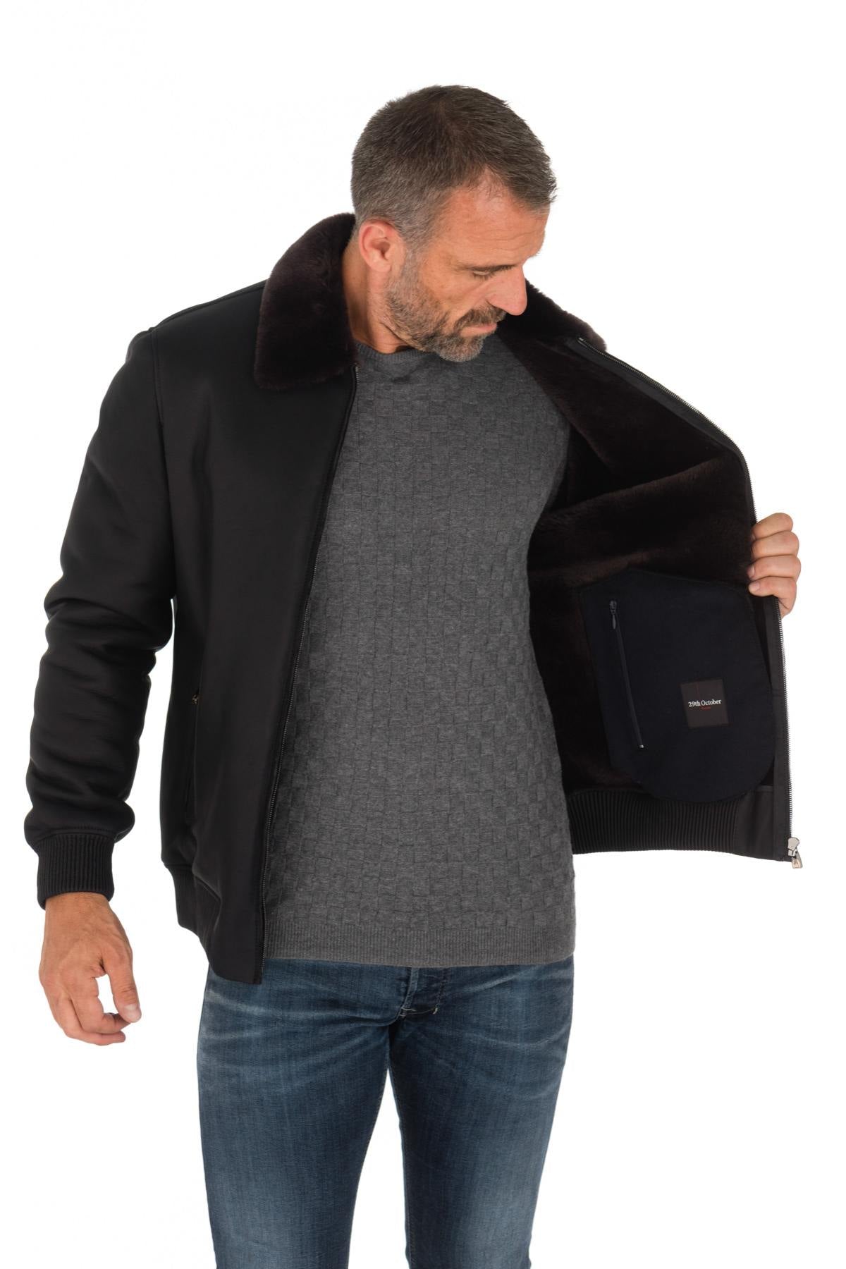 Men's navy blue shearling aviator - Image n°6
