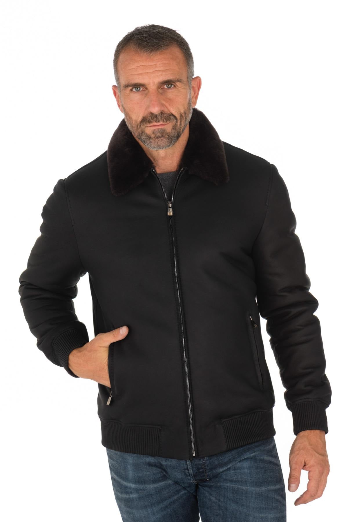 Men's navy blue shearling aviator - Image n°1