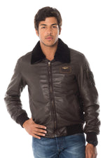 Gray sheepskin leather bomber jacket - Image n°3