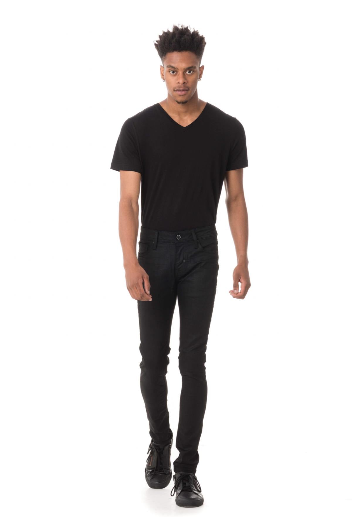 Men's black coated skinny fit jeans - Image n°3