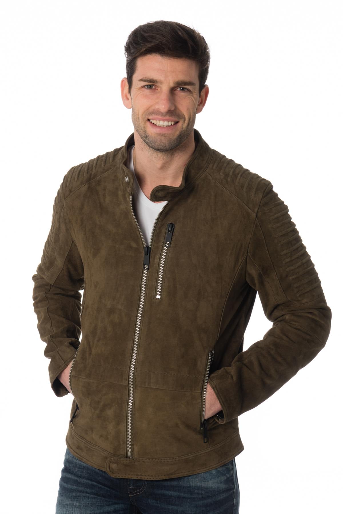 Khaki goatskin leather jacket - Image n°1