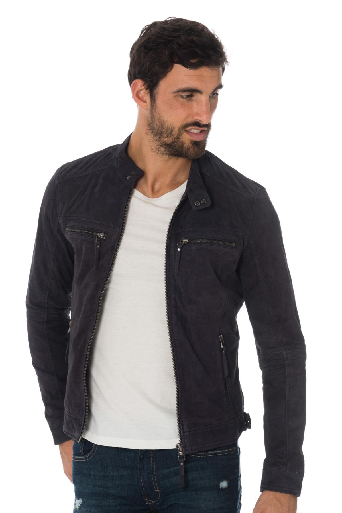 Navy blue suede leather jacket - Image n°3