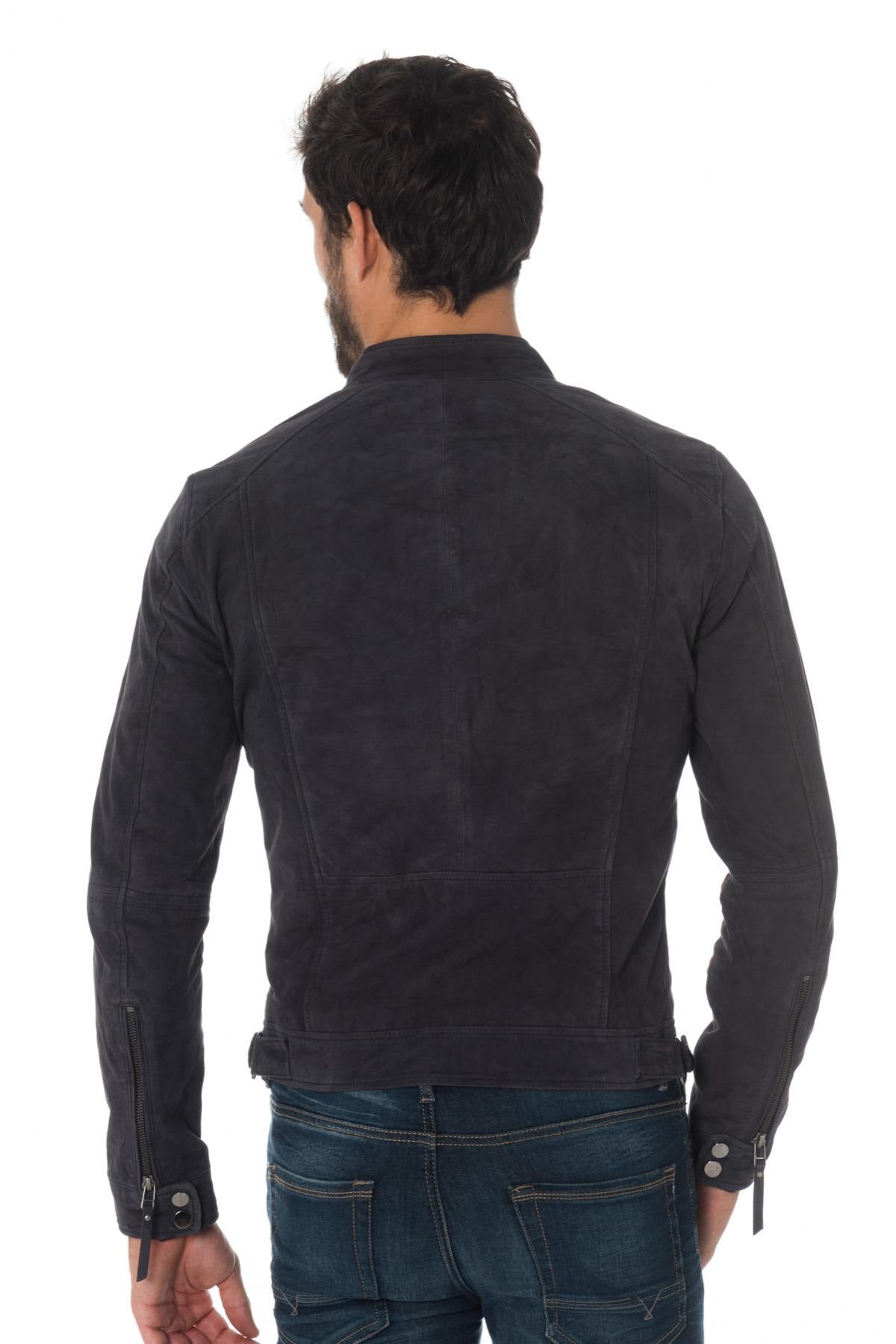 Navy blue suede leather jacket - Image n°4