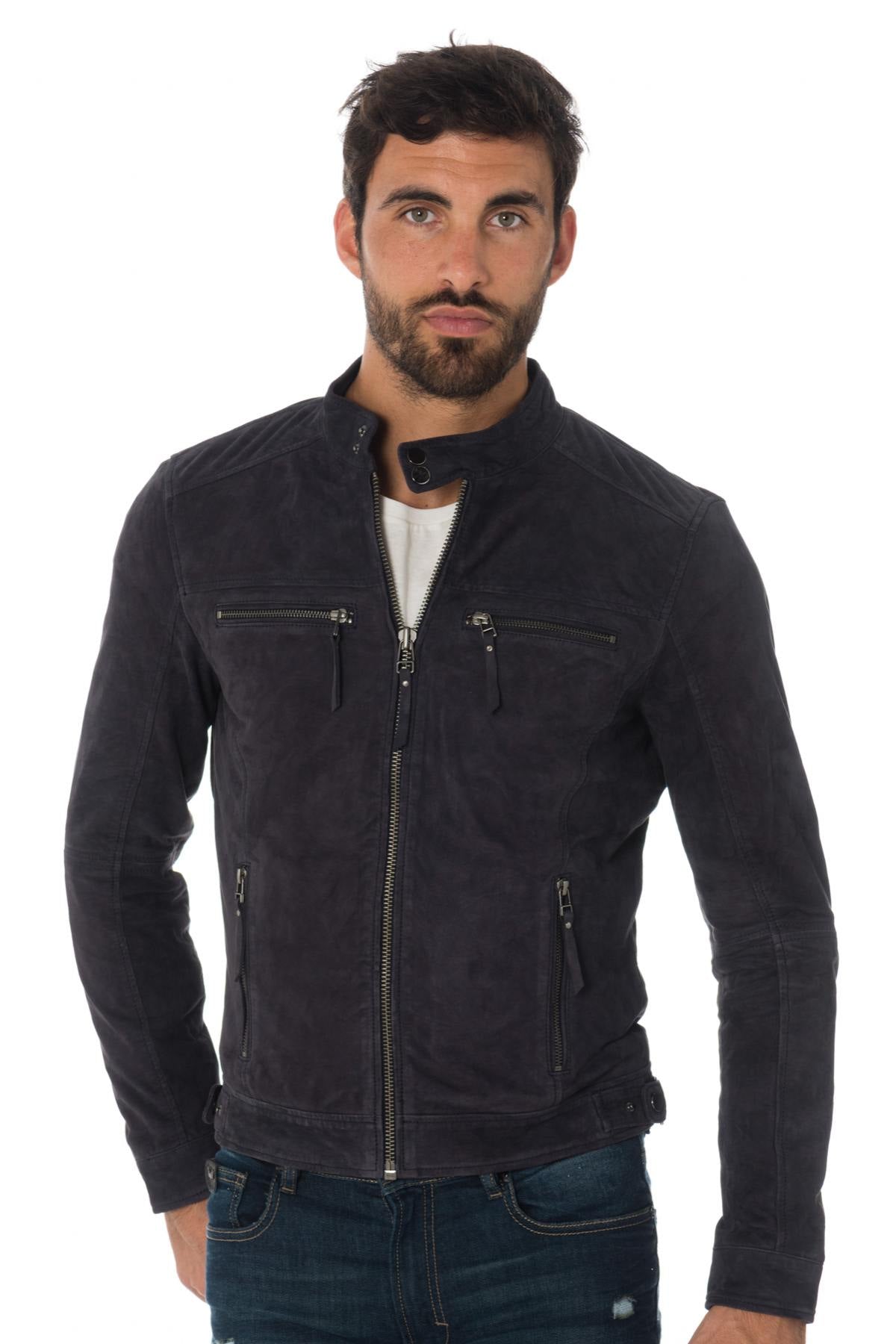 Navy blue suede leather jacket - Image n°5