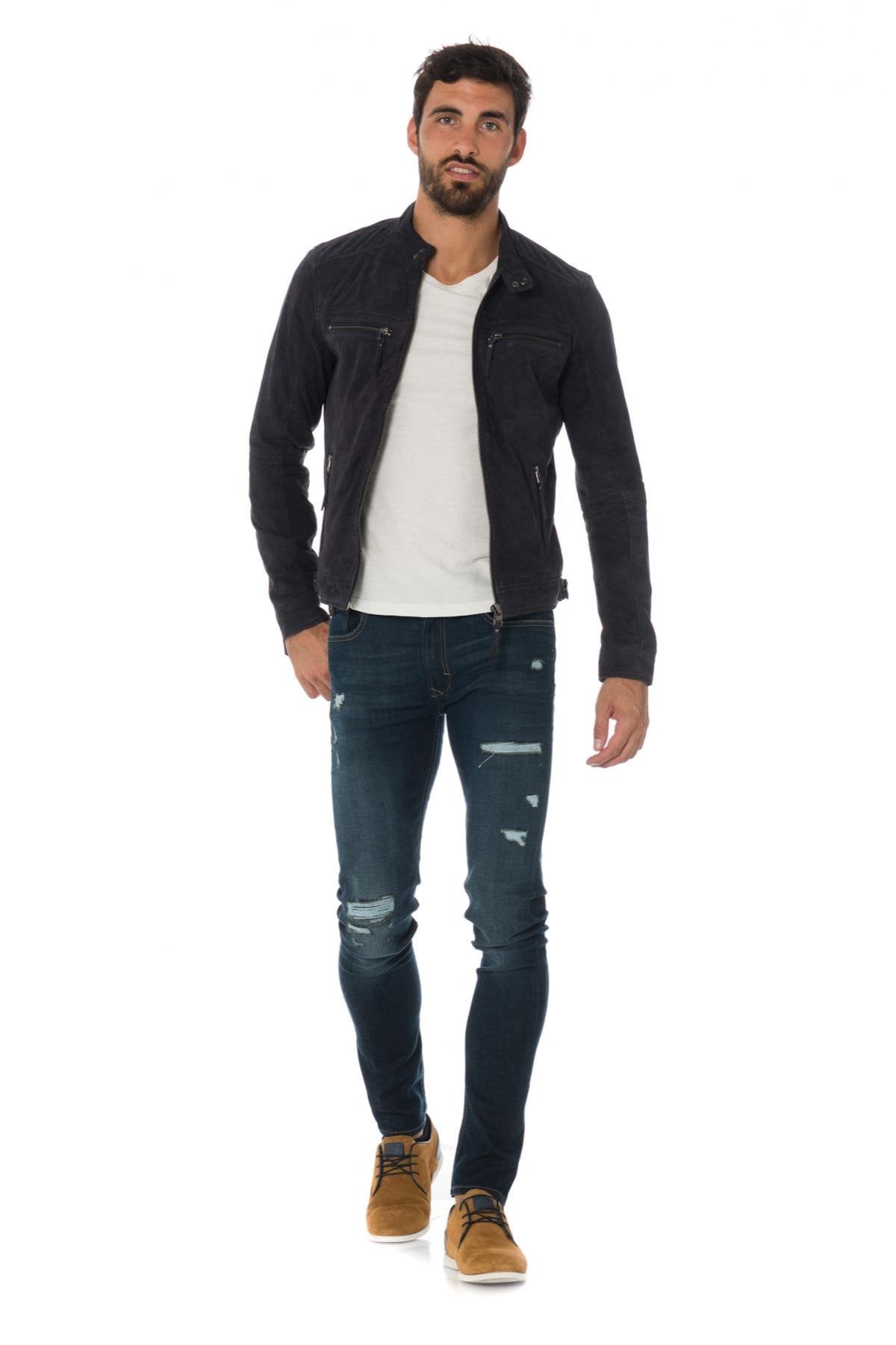Navy blue suede leather jacket - Image n°2