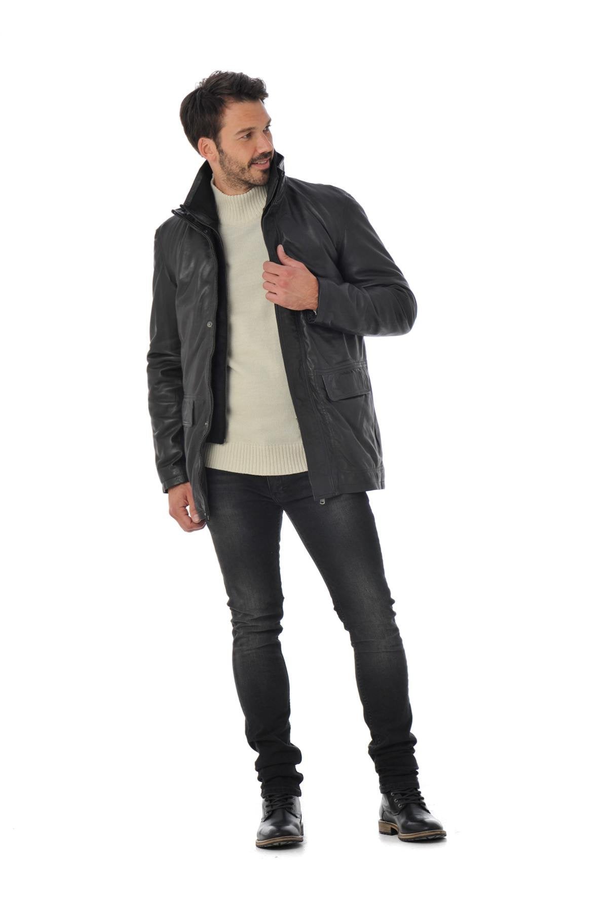 Men's Daytona Coat in Black Lambskin - Image n°2