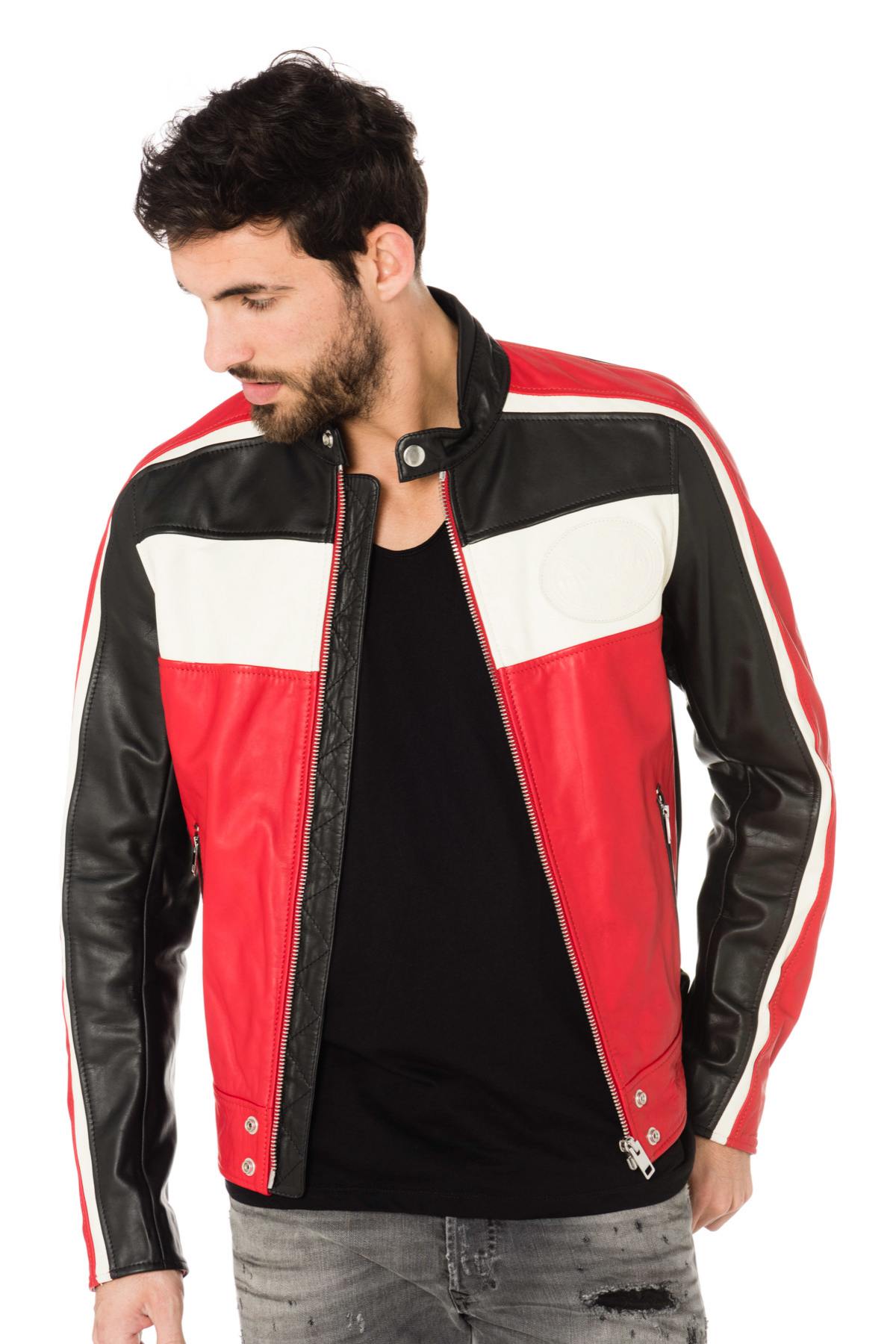 Black, red and white biker jacket - Image n°1