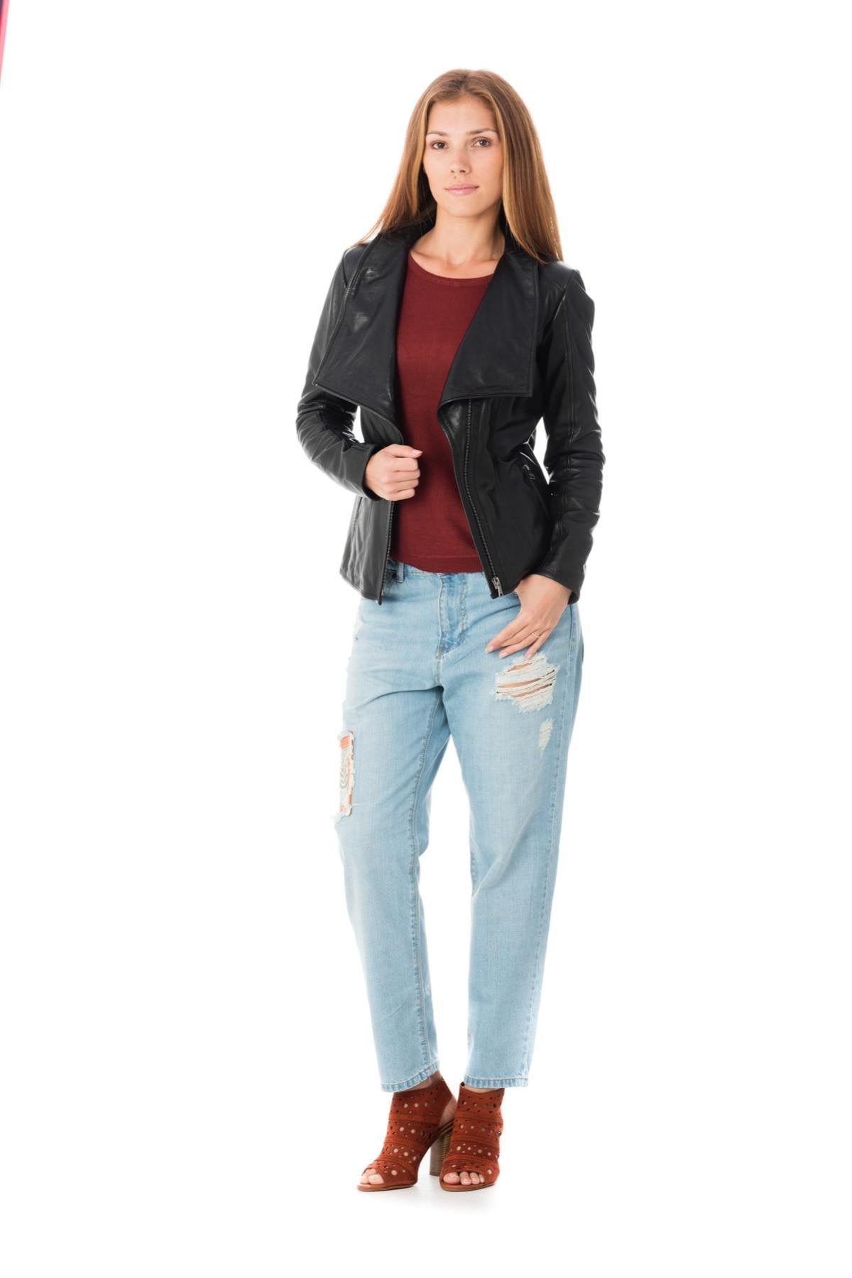 Women's leather jacket with large collar - Image n°2