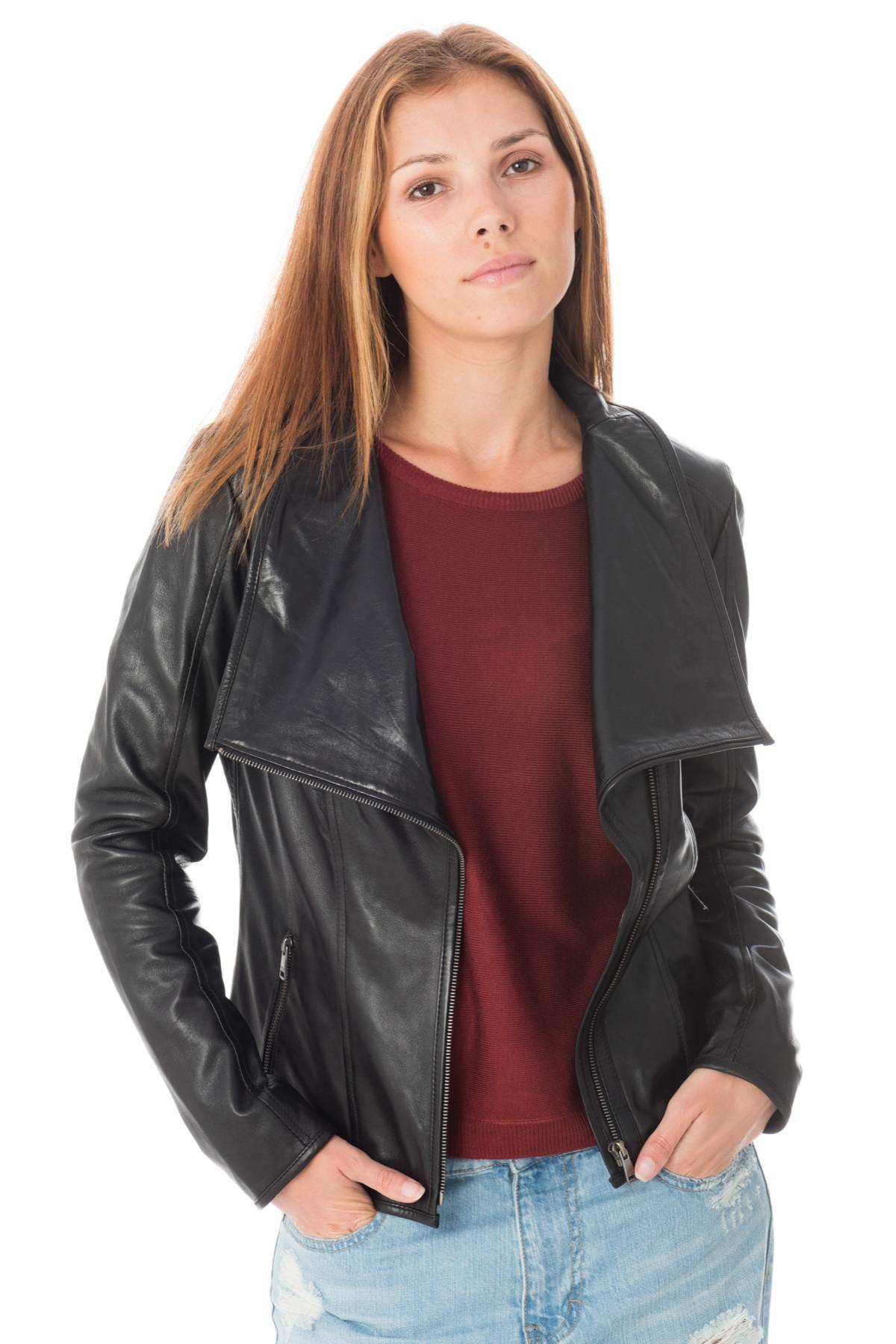 Women's leather jacket with large collar - Image n°4