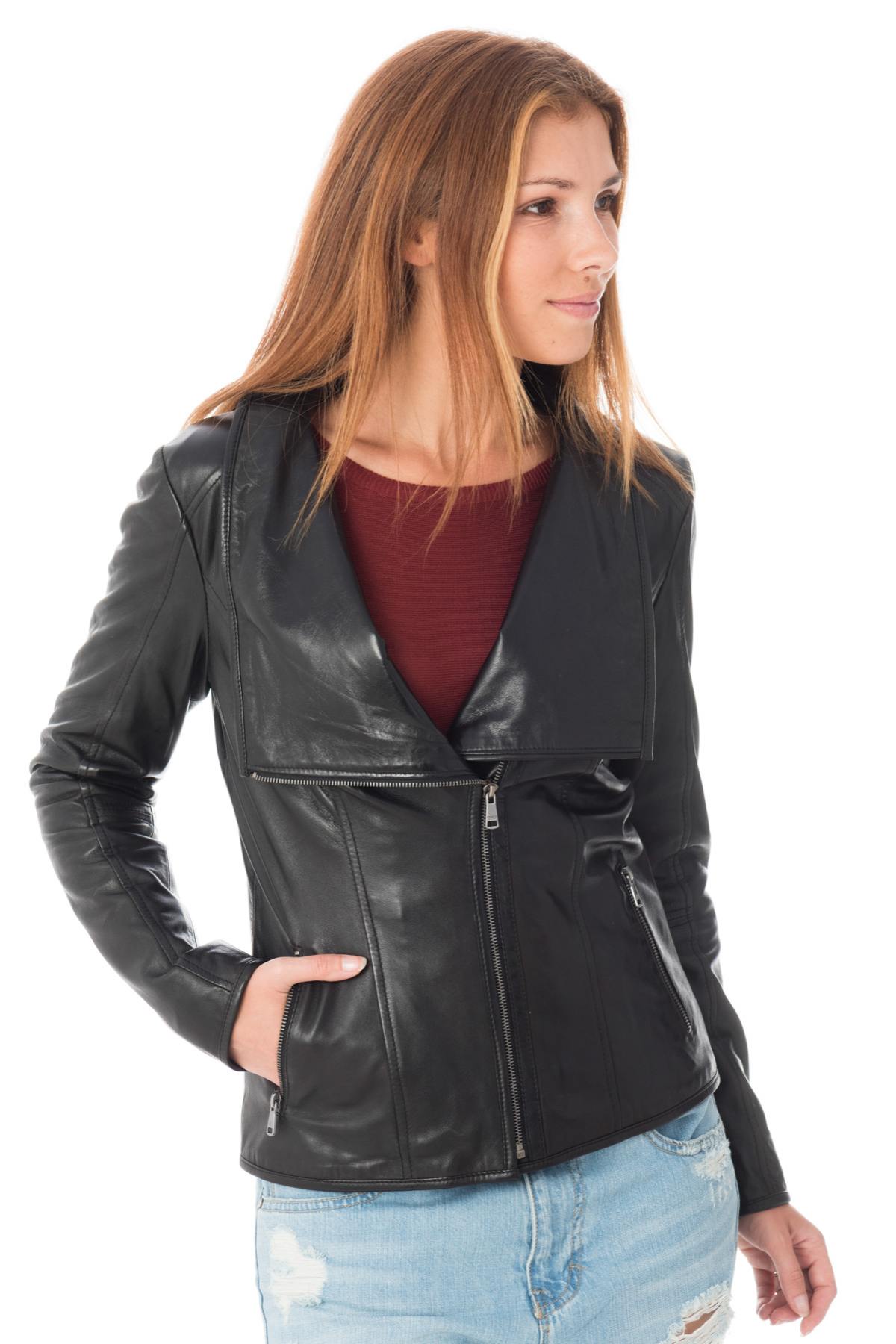 Women's leather jacket with large collar - Image n°3