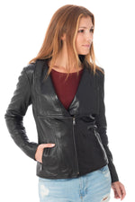 Women's leather jacket with large collar - Image n°3