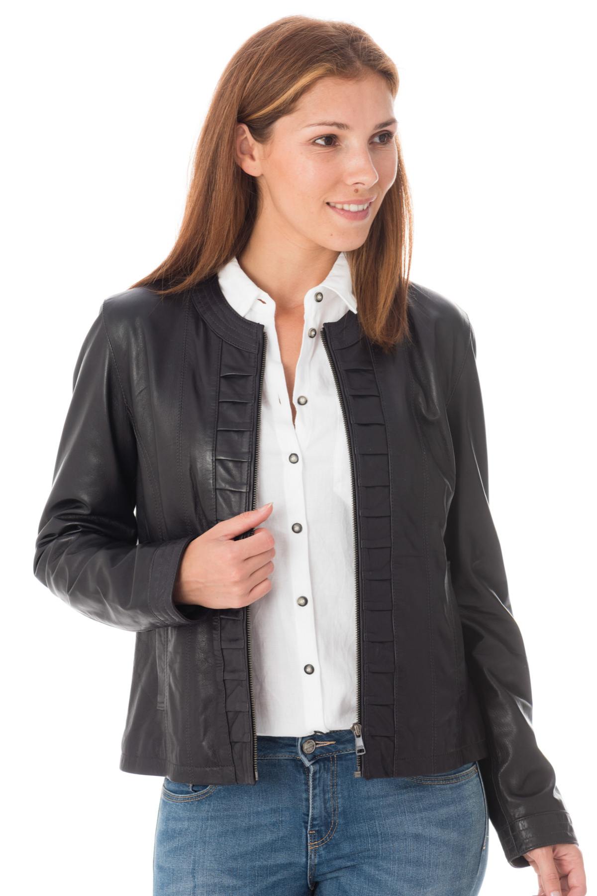 Enato women's leather jacket in navy color - Image n°3