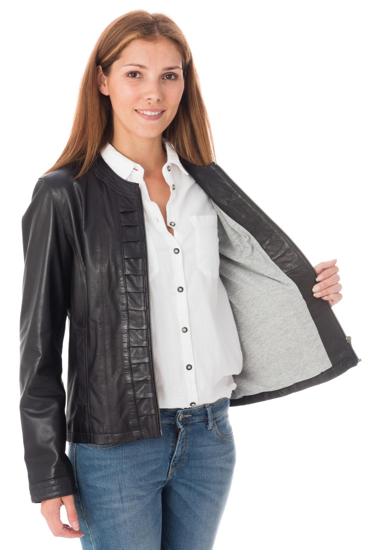 Enato women's leather jacket in navy color - Image n°4