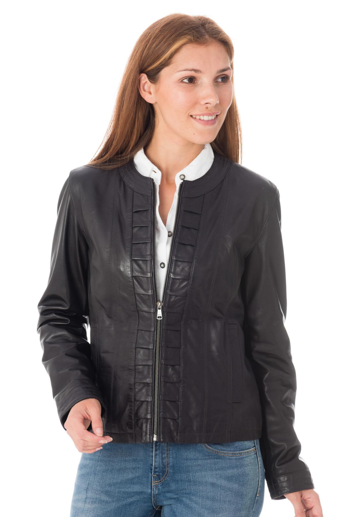 Enato women's leather jacket in navy color - Image n°1