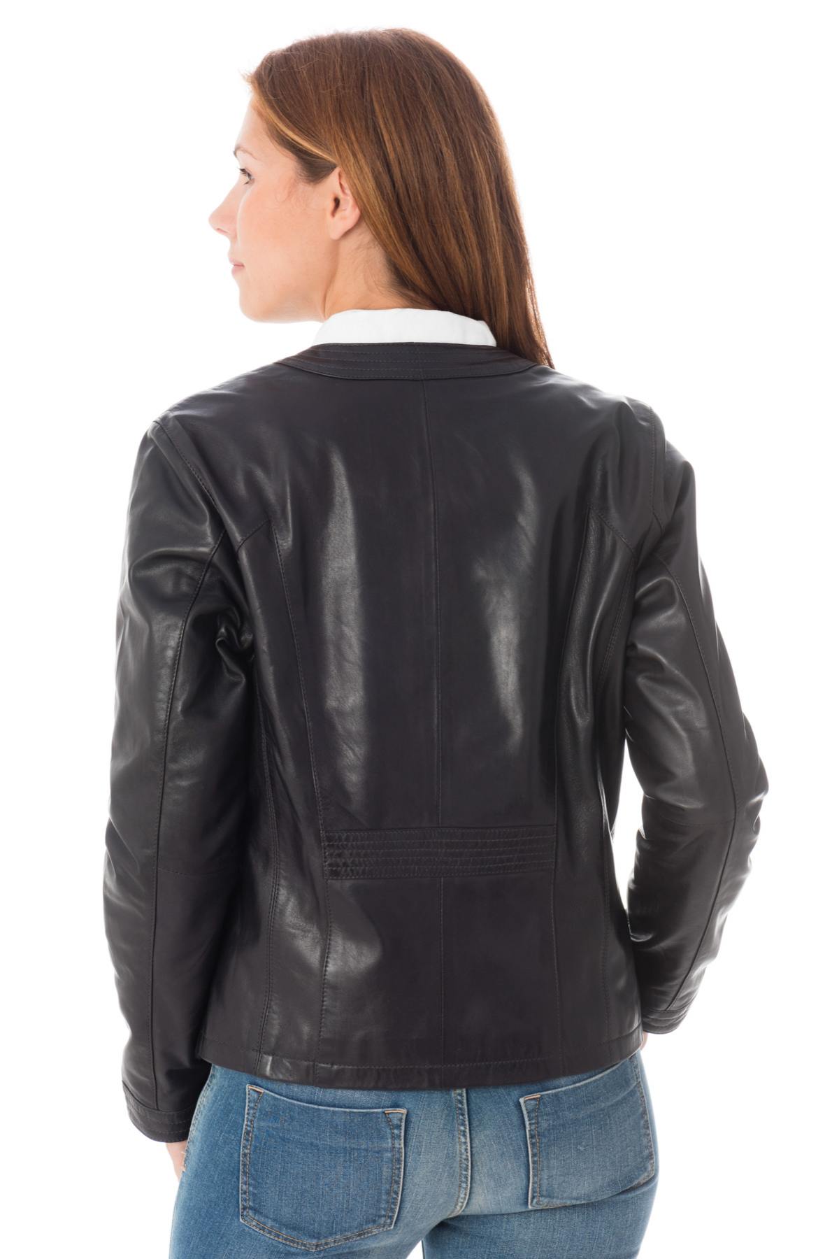 Enato women's leather jacket in navy color - Image n°5