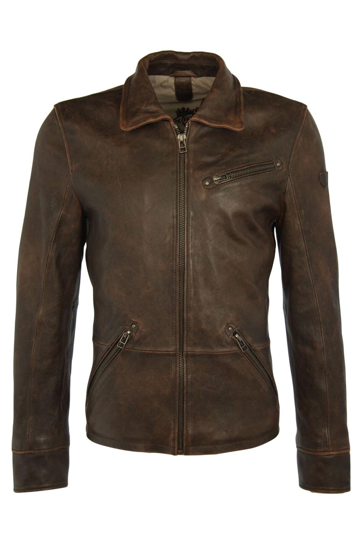 Shirt collar jacket in aged effect lambskin - Image n°3