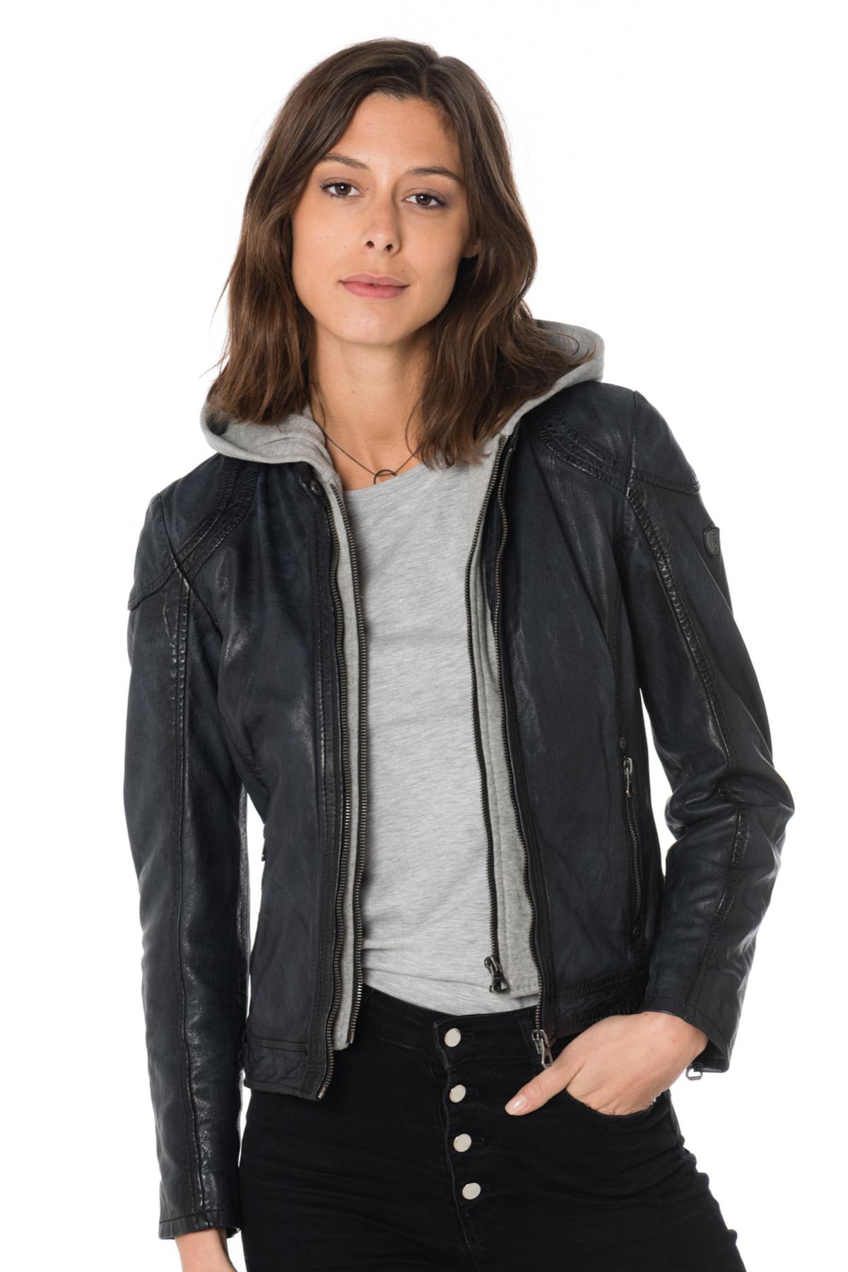Navy blue sheepskin leather jacket with hood - Image n°3