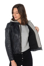 Navy blue sheepskin leather jacket with hood - Image n°6