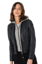 Navy blue sheepskin leather jacket with hood - Image n°4