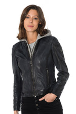 Navy blue sheepskin leather jacket with hood - Image n°1