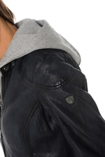 Navy blue sheepskin leather jacket with hood - Image n°8