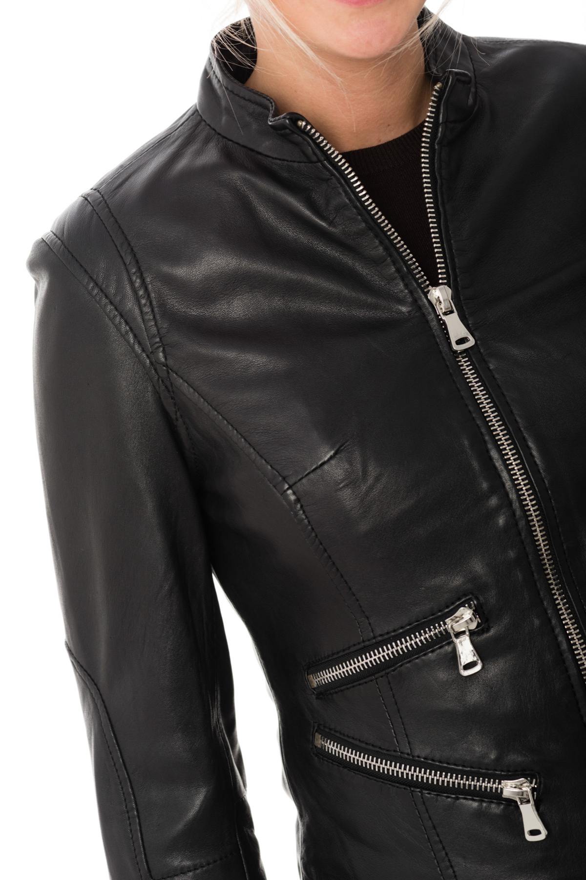 Women's Korintage Leather Biker Collar Jacket Black - Image n°7