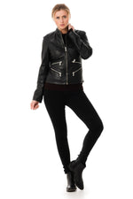 Women's Korintage Leather Biker Collar Jacket Black - Image n°3