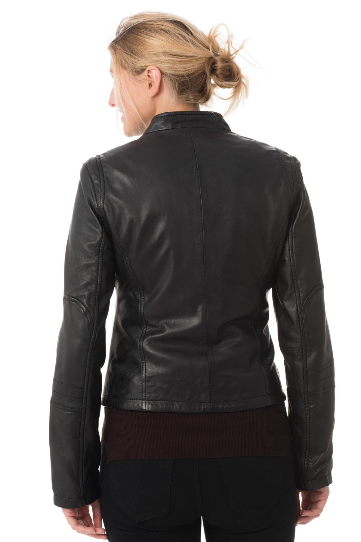Women's Korintage Leather Biker Collar Jacket Black - Image n°5
