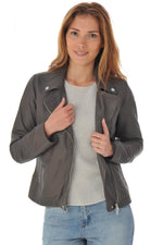 Women's gray sheepskin leather perfecto - Image n°1