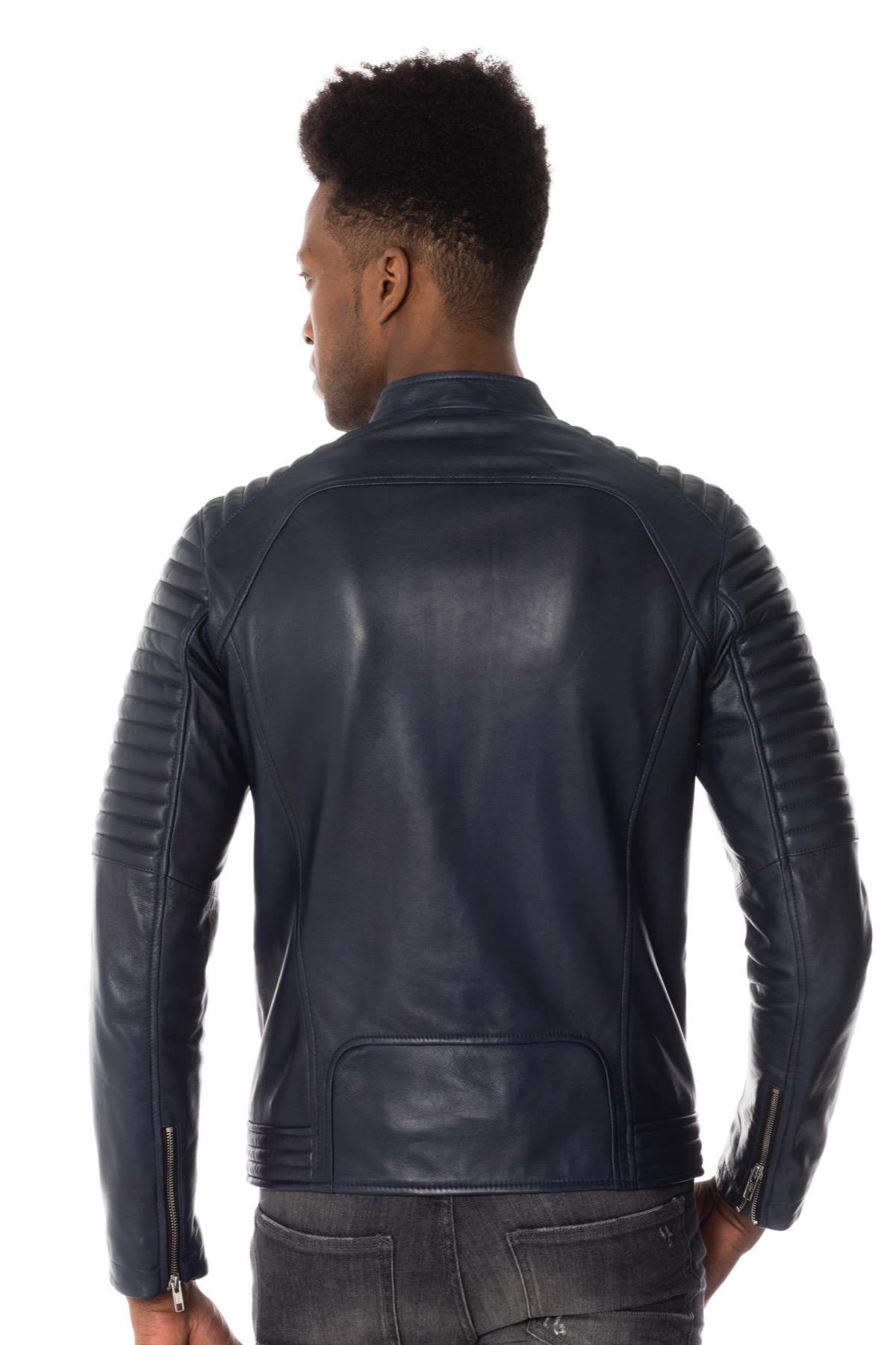 Navy blue leather biker collar jacket - Image n°7
