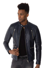Navy blue leather biker collar jacket - Image n°1