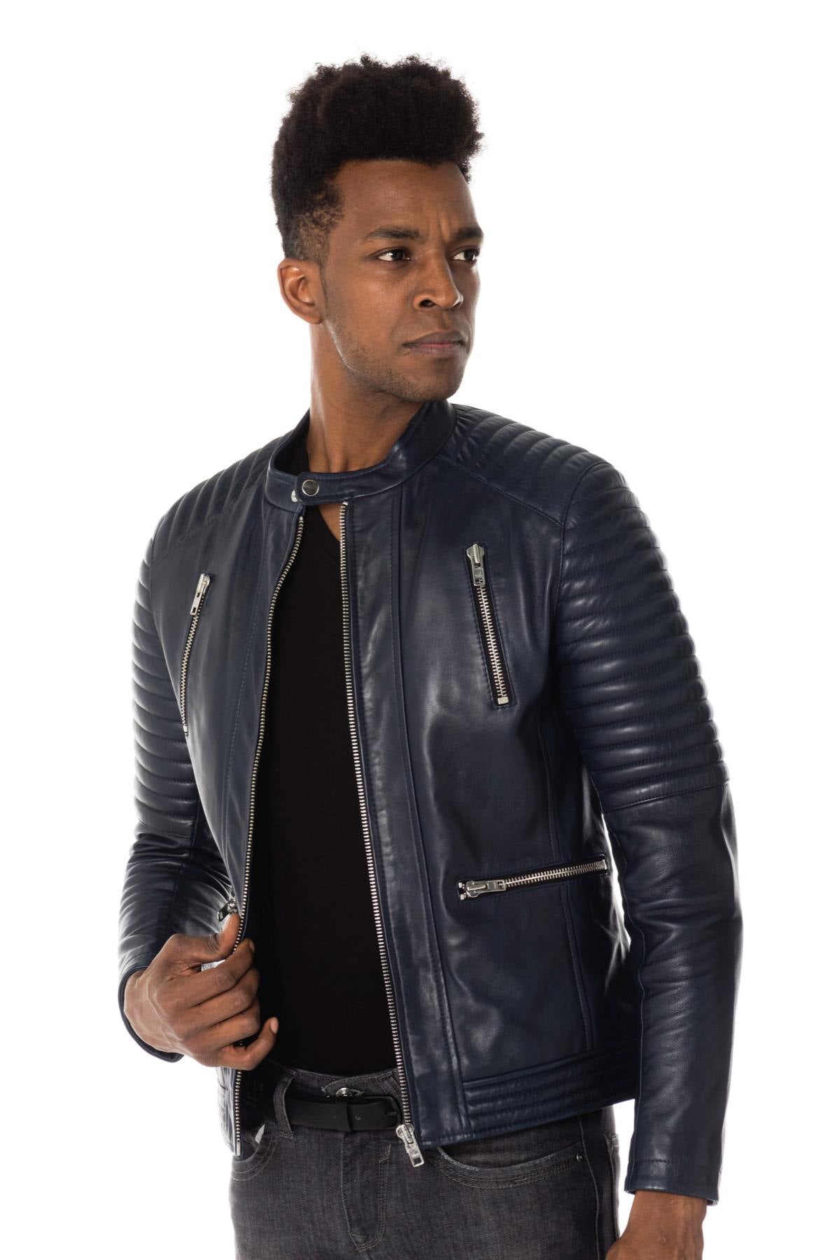 Navy blue leather biker collar jacket - Image n°5
