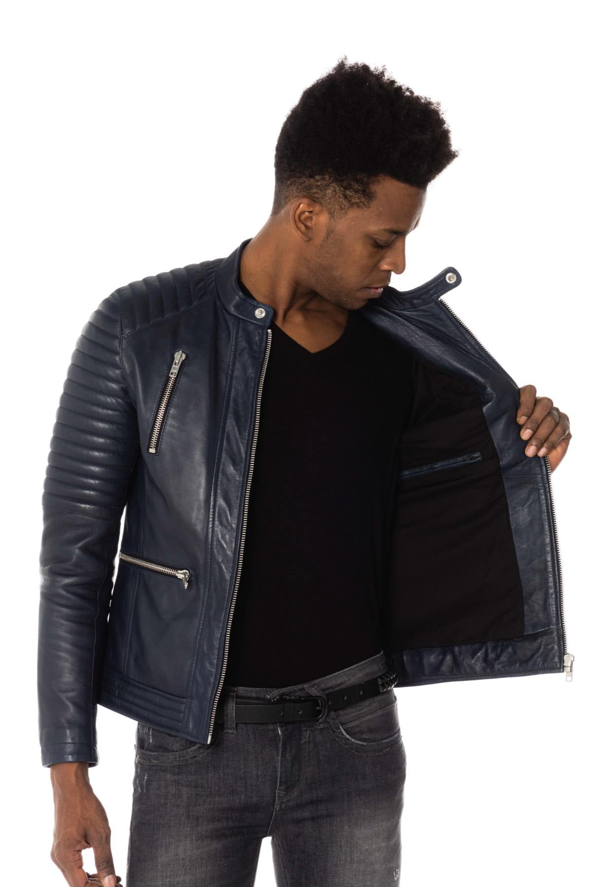 Navy blue leather biker collar jacket - Image n°6