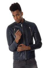 Navy blue leather biker collar jacket - Image n°3