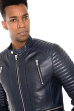 Navy blue leather biker collar jacket - Image n°8
