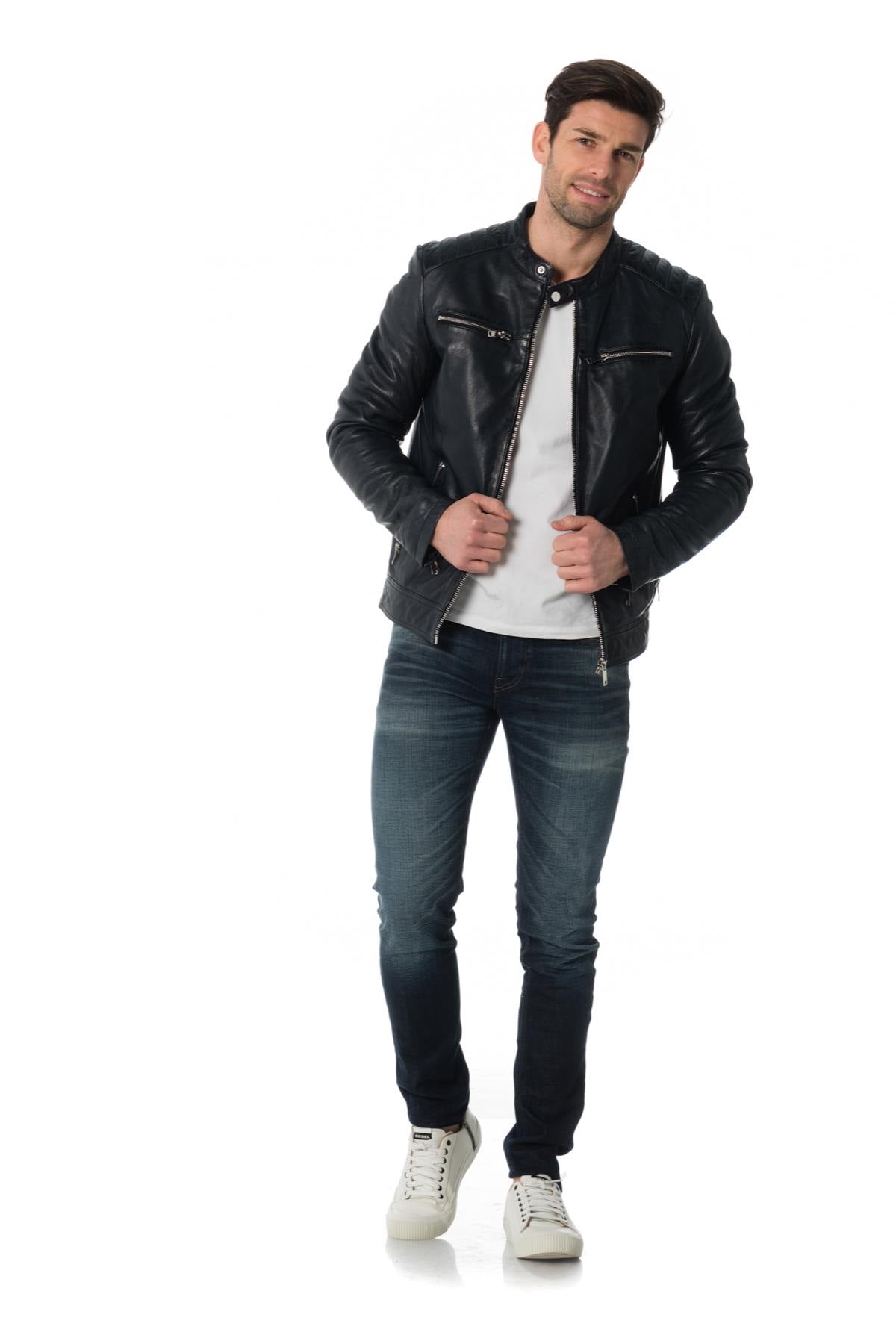 Men's navy blue lambskin jacket - Image n°2