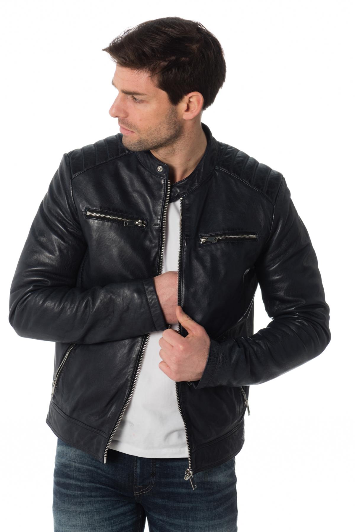 Men's navy blue lambskin jacket - Image n°1
