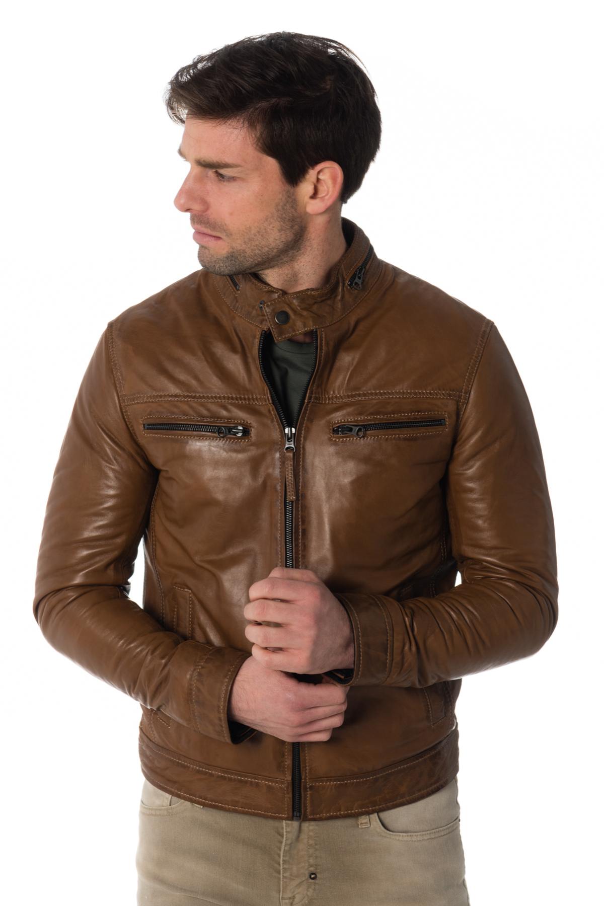 Men's lambskin leather jacket in oxblood color - Image n°1
