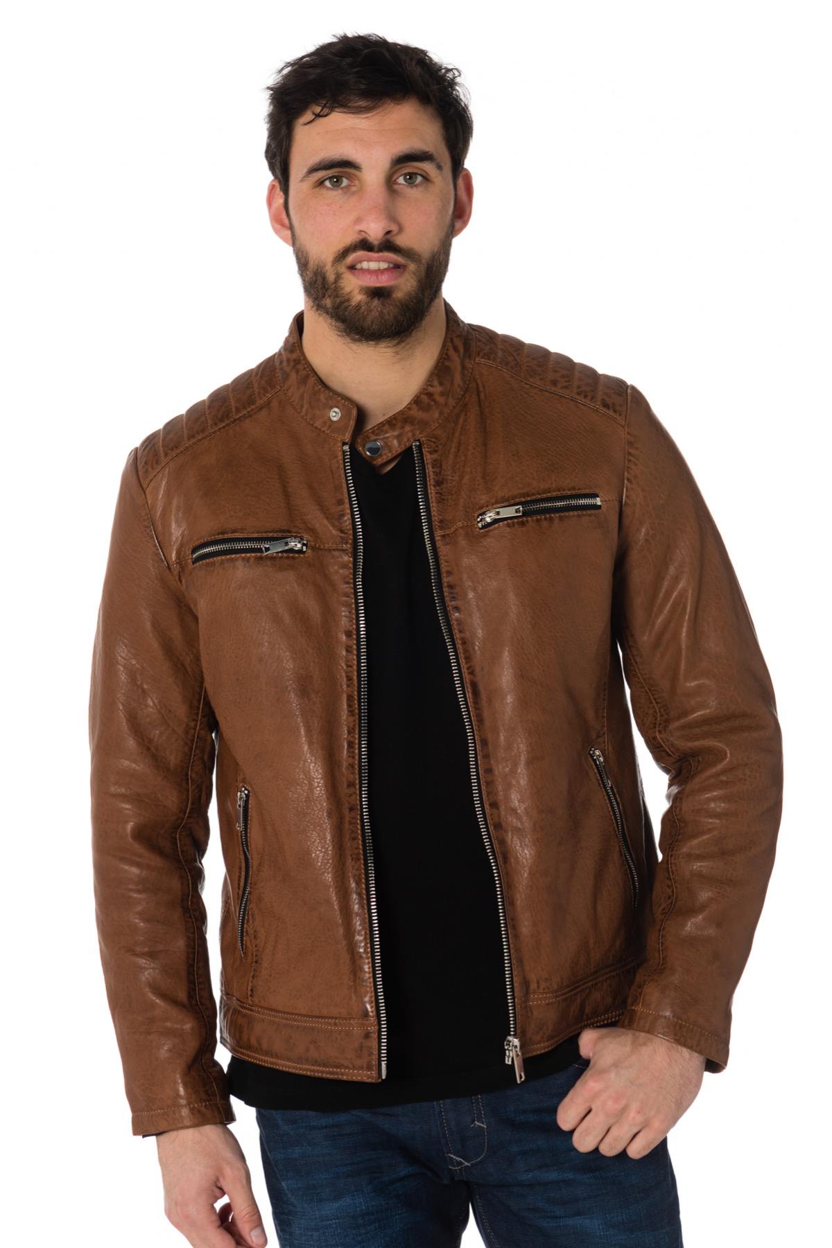 Cognac lambskin leather biker collar jacket - Image n°1