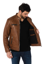 Cognac lambskin leather biker collar jacket - Image n°4