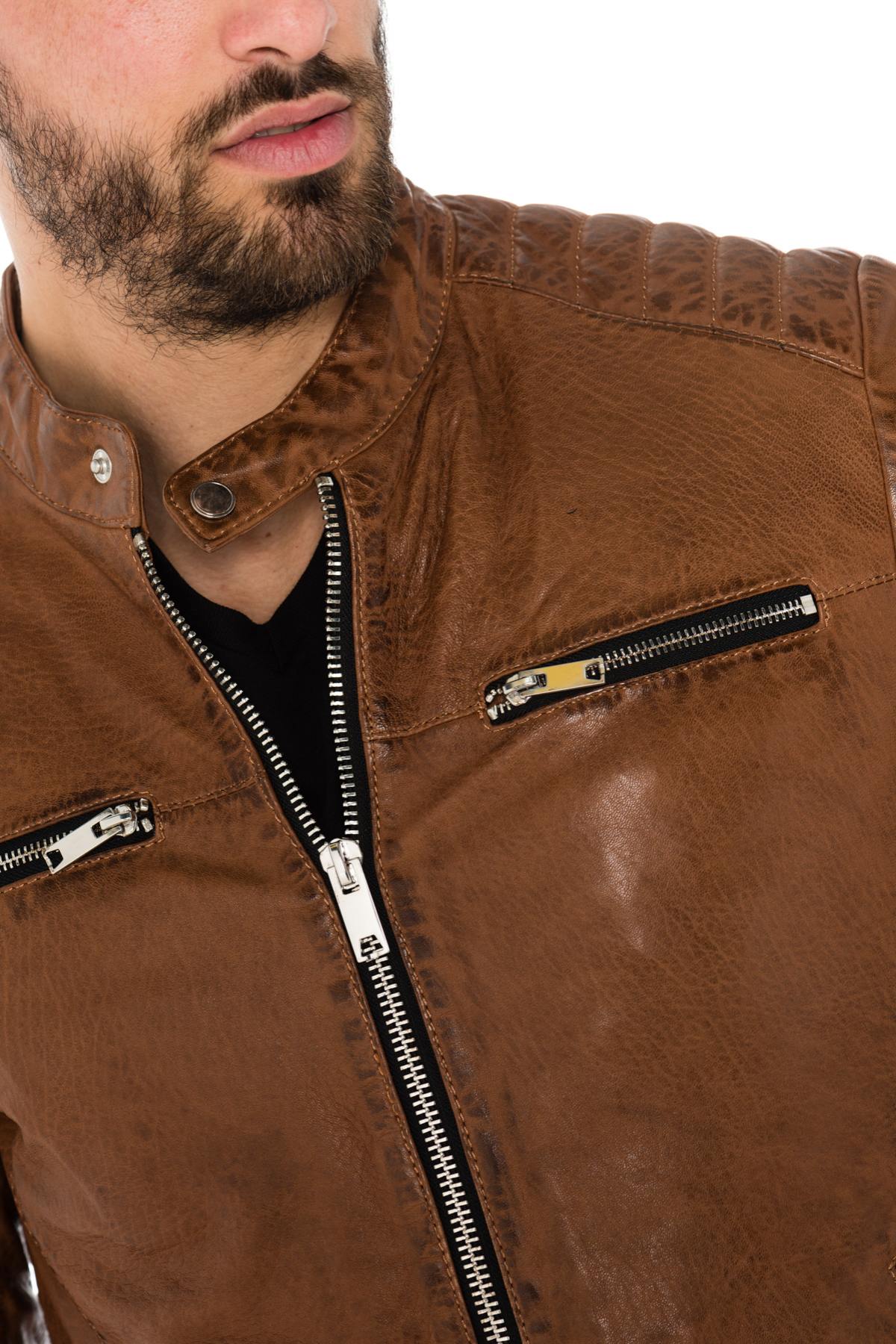 Cognac lambskin leather biker collar jacket - Image n°3