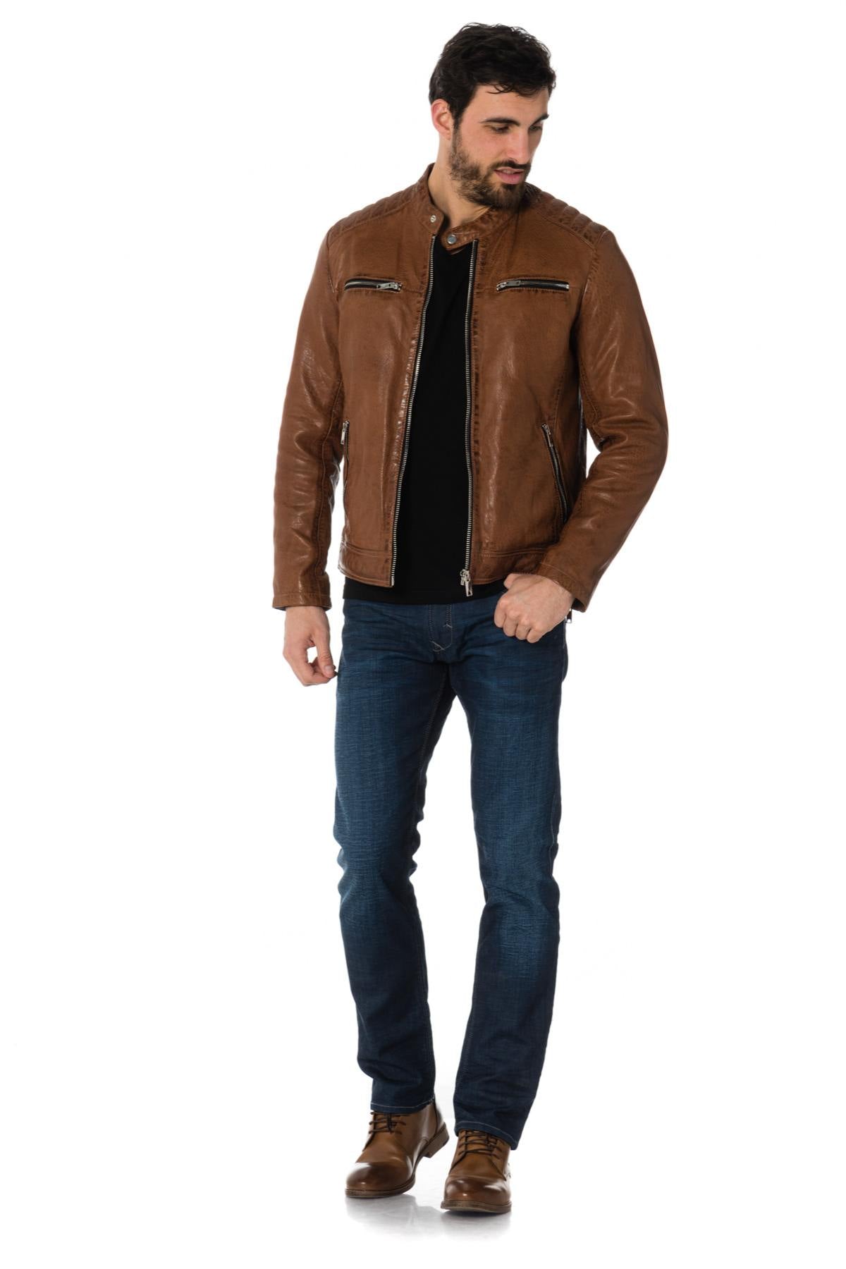 Cognac lambskin leather biker collar jacket - Image n°2