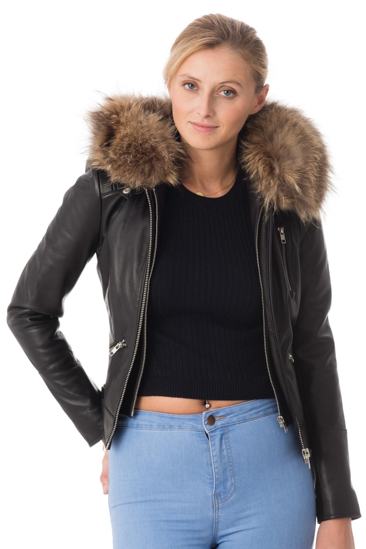 Leather jacket with fur hood - Image n°3