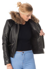 Leather jacket with fur hood - Image n°4