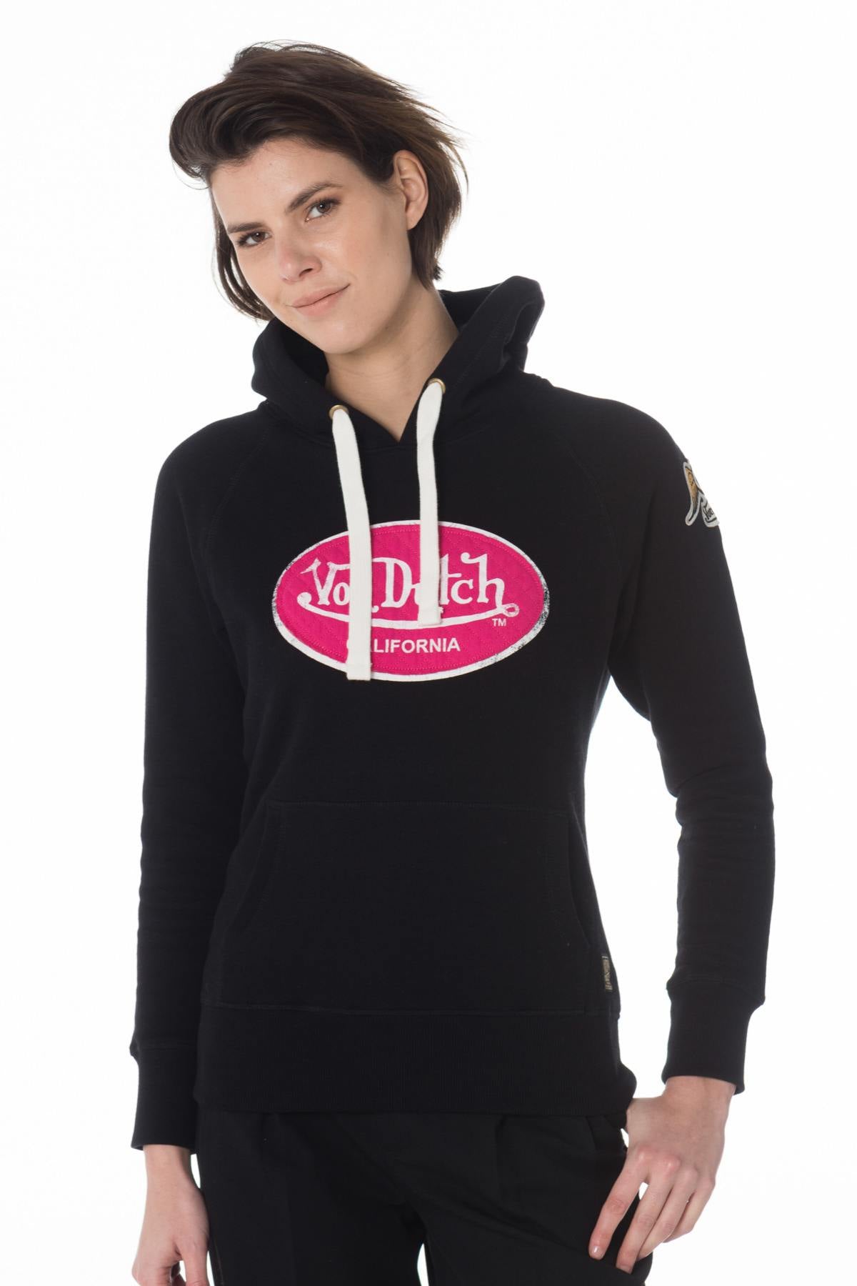 Women's black hoodie with pink patch - Image n°1