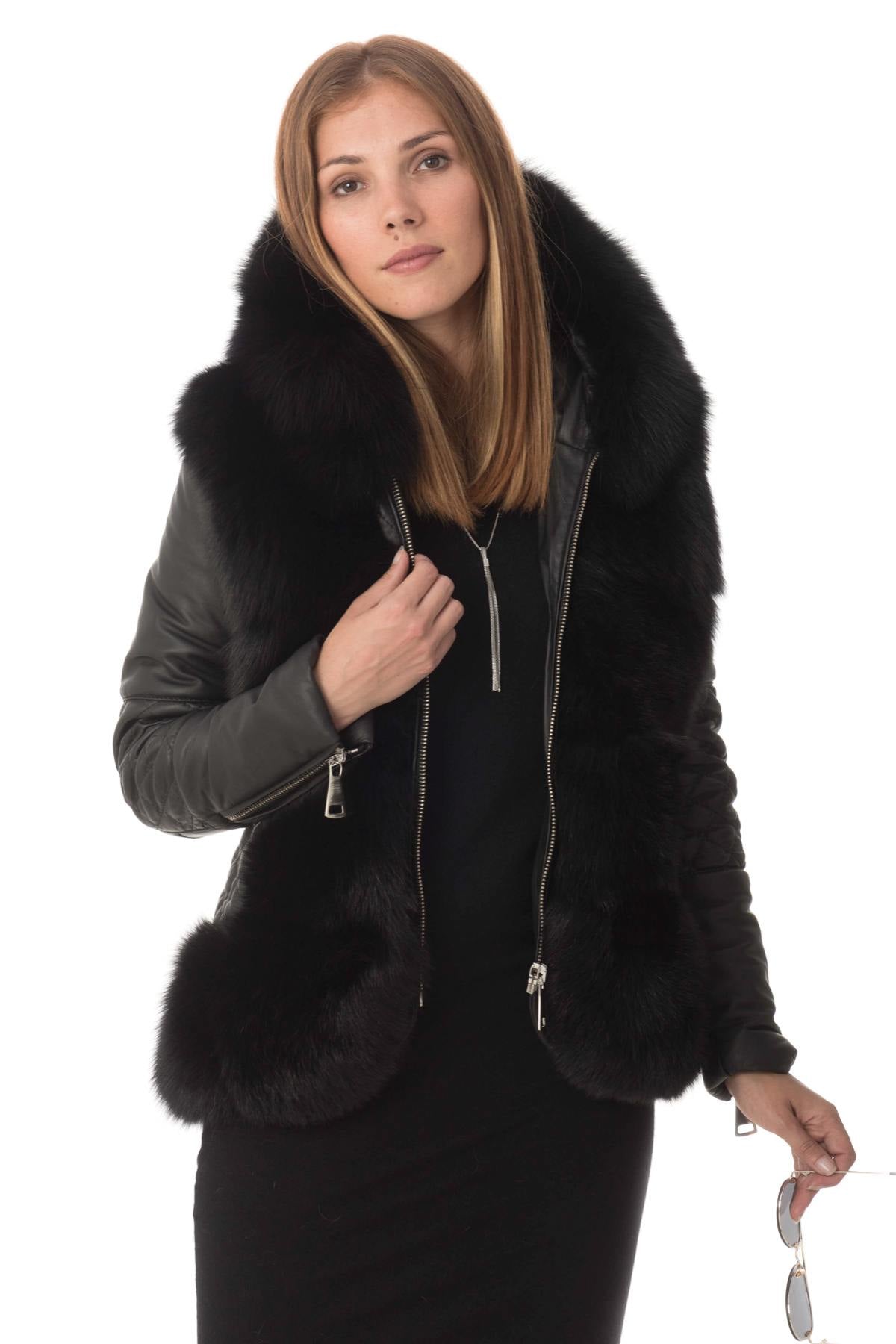 Sheepskin leather jacket with fox fur - Image n°4